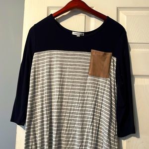 Quarter sleeve color block Navy, white, grey shirt with brown pocket